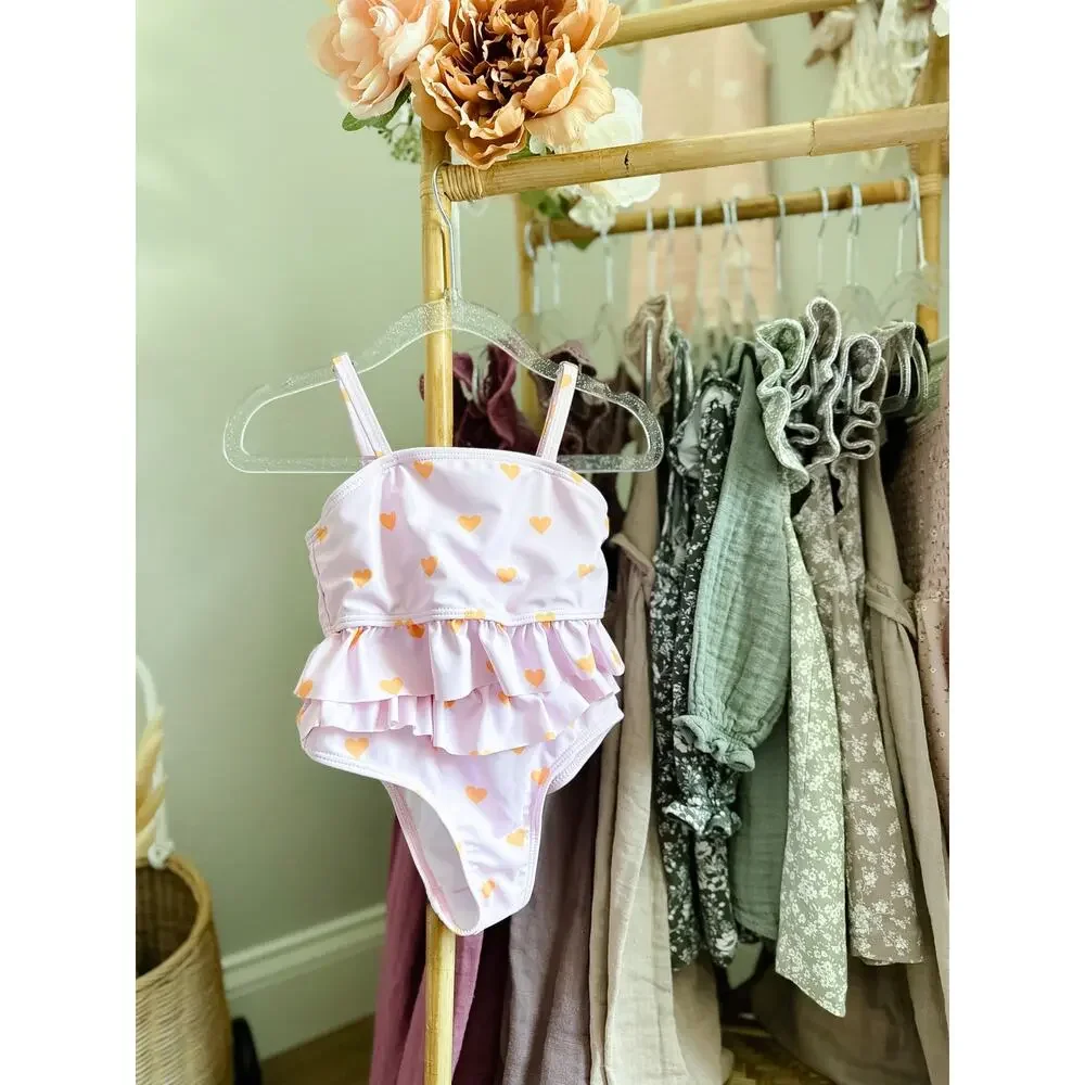 New Darling Heart Print Blush Pink Frill Trim 2pc Cami Swimsuit 4T